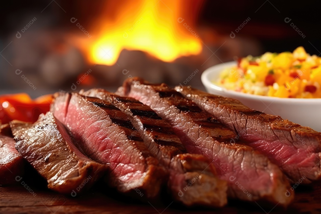 Suculento bife Angus ou bife do lombo grelhado na brasa, fatiado malpassado em tábua de madeira.