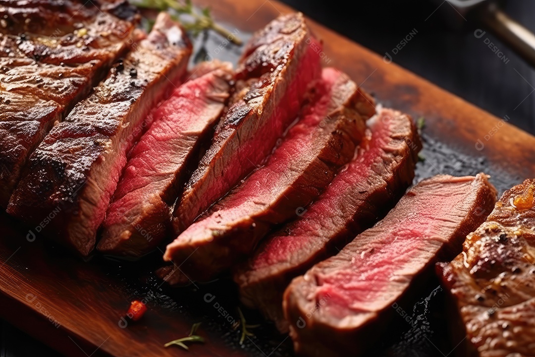 Suculento bife Angus ou bife do lombo grelhado na brasa, fatiado malpassado em tábua de madeira.