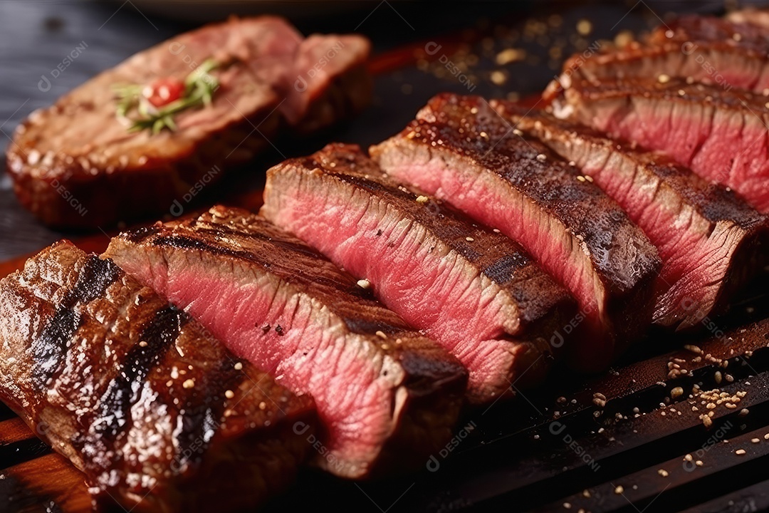 Suculento bife Angus ou bife do lombo grelhado na brasa, fatiado malpassado em tábua de madeira.
