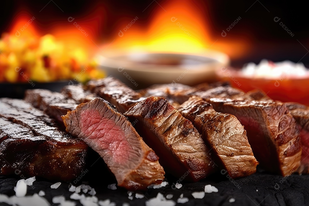 Suculento bife Angus ou bife do lombo grelhado na brasa, fatiado malpassado em tábua de madeira.