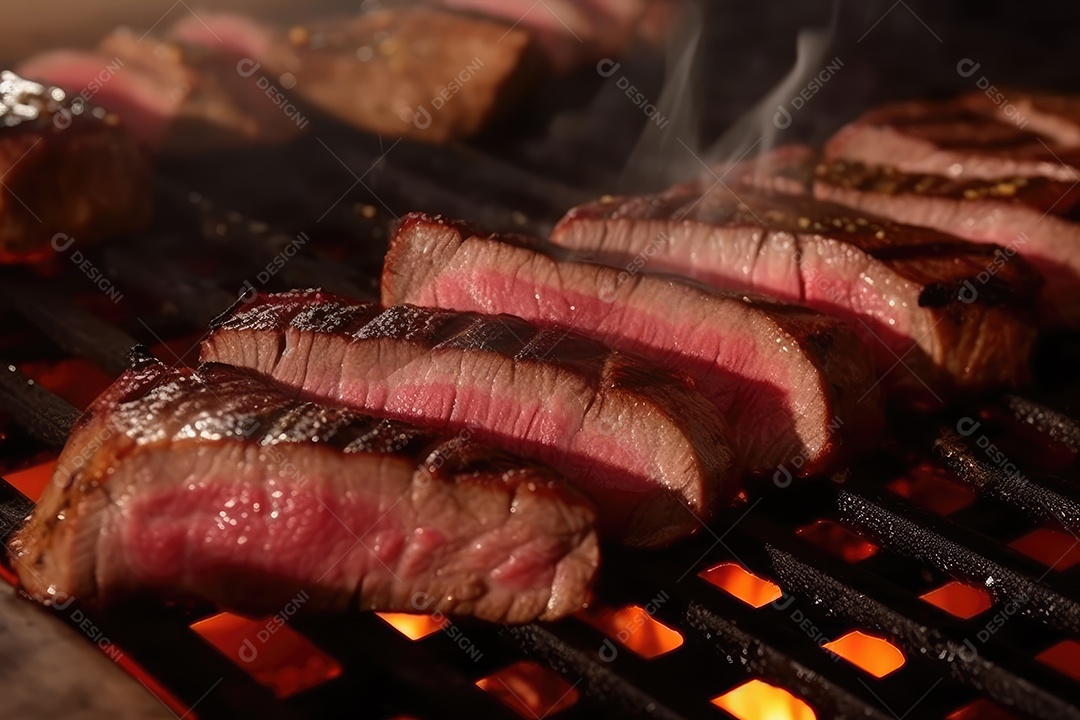 Suculento bife Angus ou bife do lombo grelhado na brasa, fatiado malpassado em tábua de madeira.