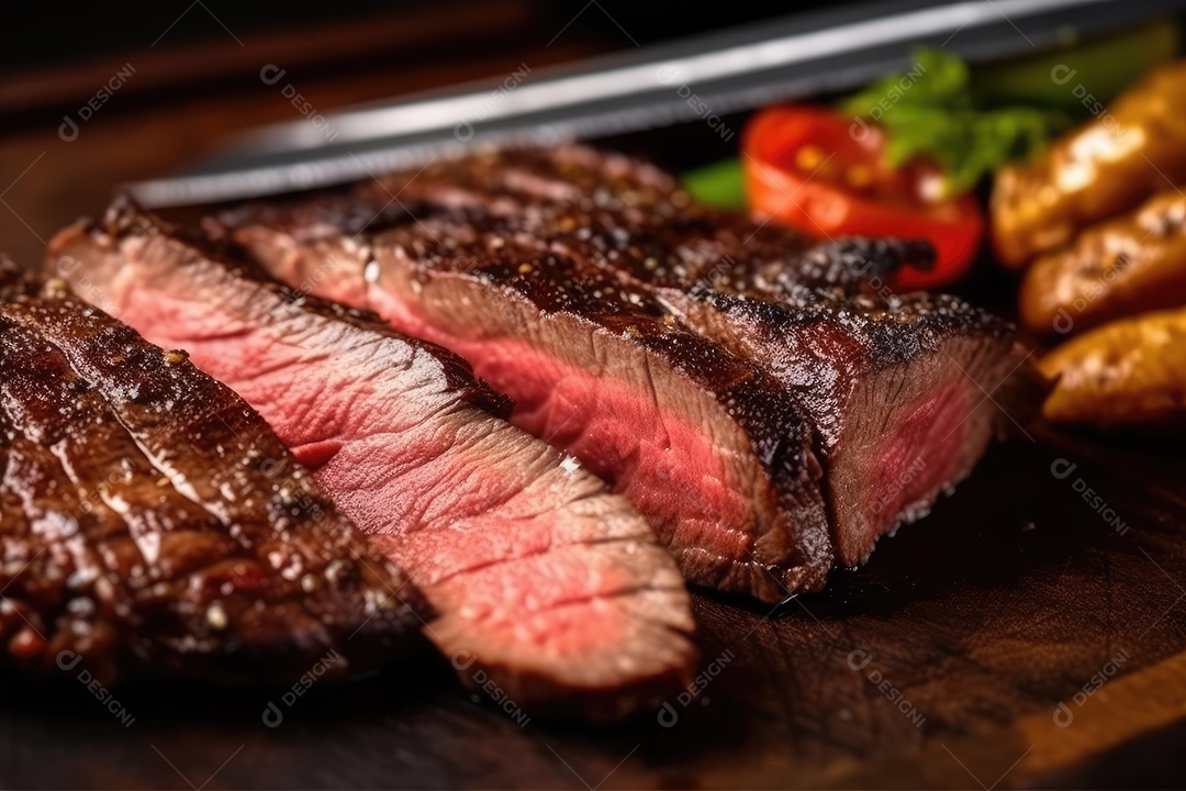 Suculento bife Angus ou bife do lombo grelhado na brasa, fatiado malpassado em tábua de madeira.