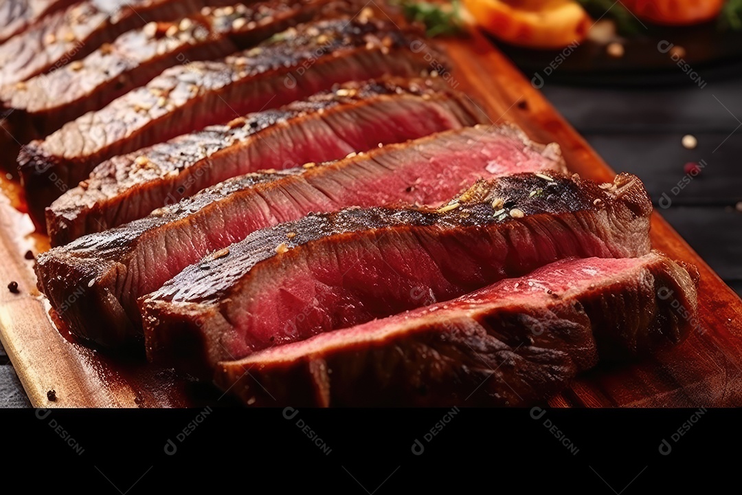 Suculento bife Angus ou bife do lombo grelhado na brasa, fatiado malpassado em tábua de madeira.
