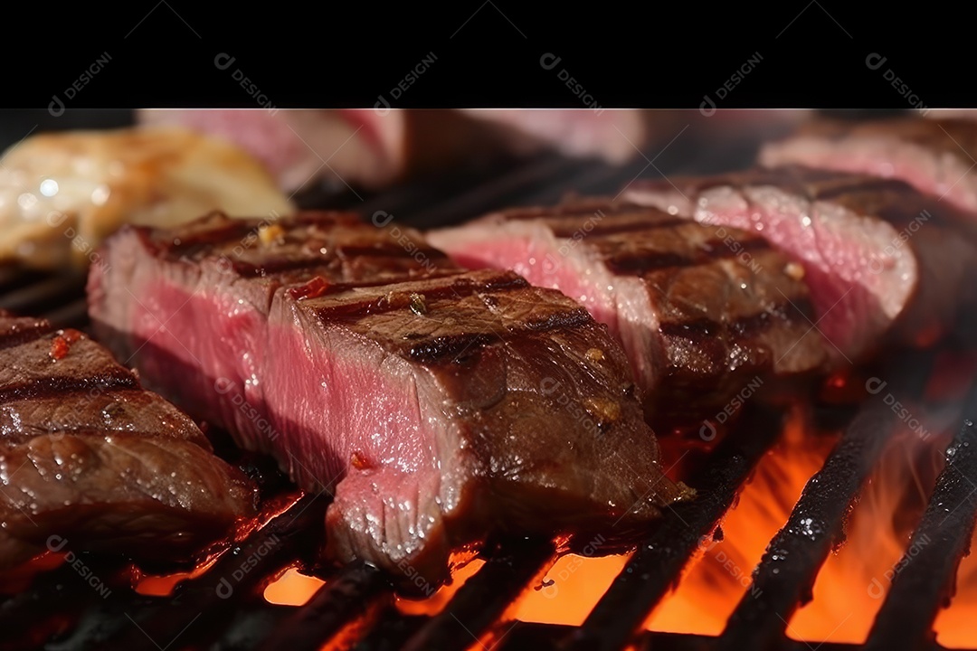 Suculento bife Angus ou bife do lombo grelhado na brasa, fatiado malpassado em tábua de madeira.