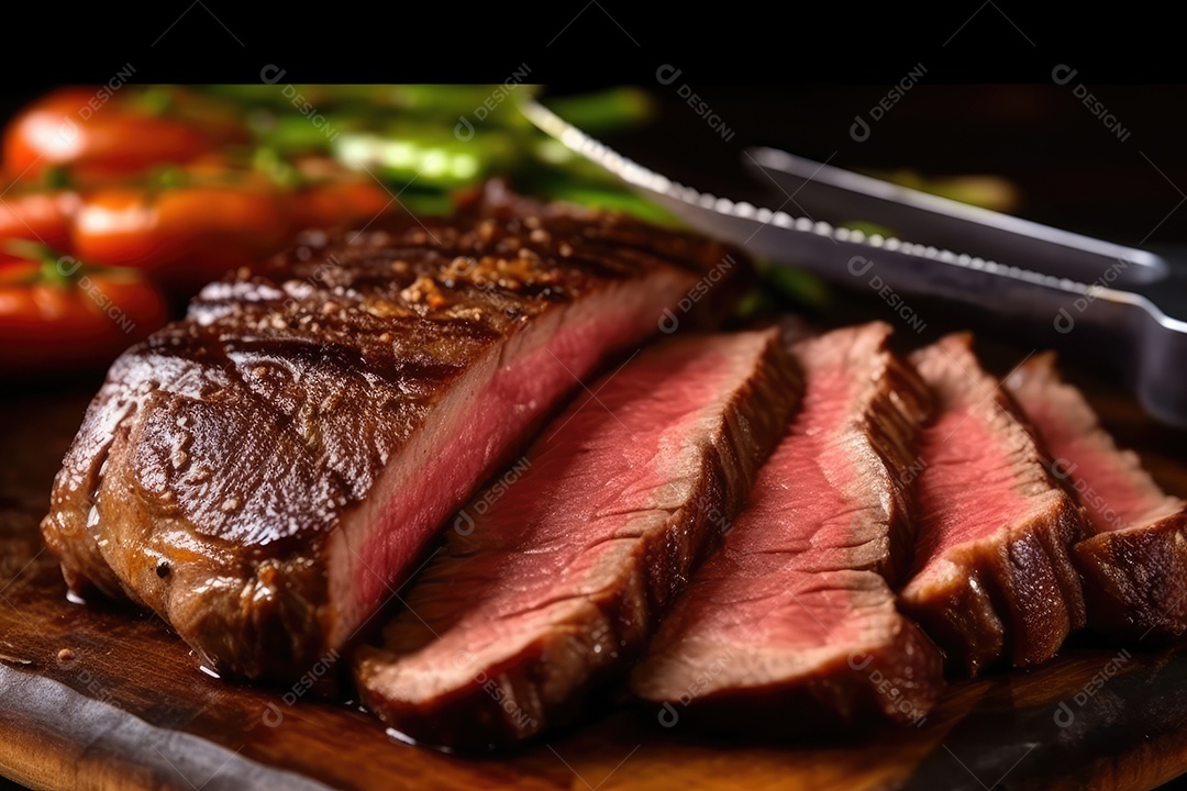 Suculento bife Angus ou bife do lombo grelhado na brasa, fatiado malpassado em tábua de madeira.