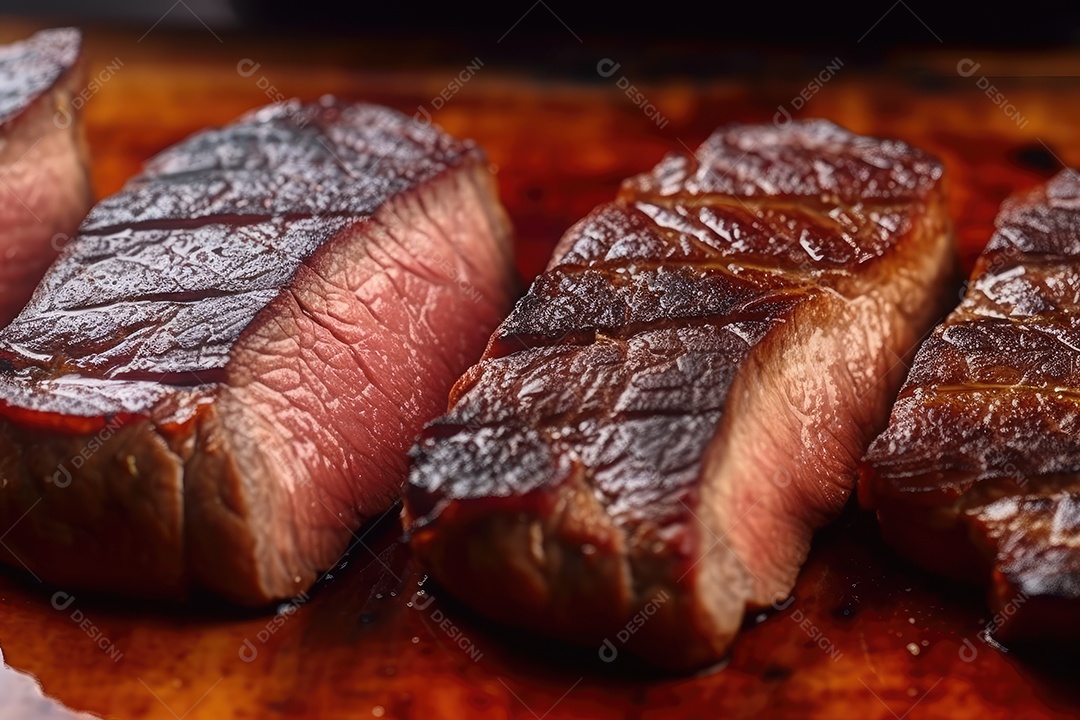 Suculento bife Angus ou bife do lombo grelhado na brasa, fatiado malpassado em tábua de madeira.