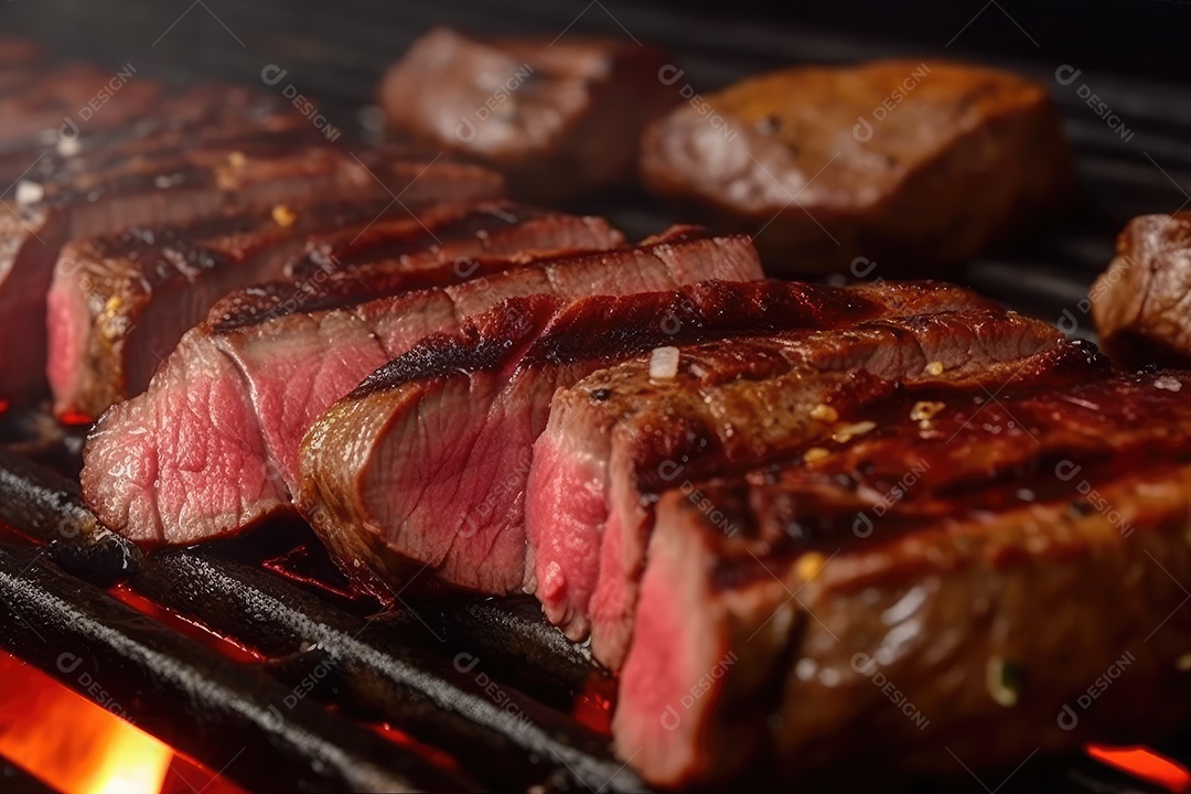 Suculento bife Angus ou bife do lombo grelhado na brasa, fatiado malpassado em tábua de madeira.