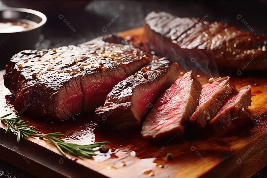 Suculento bife Angus ou bife do lombo grelhado na brasa, fatiado malpassado em tábua de madeira.