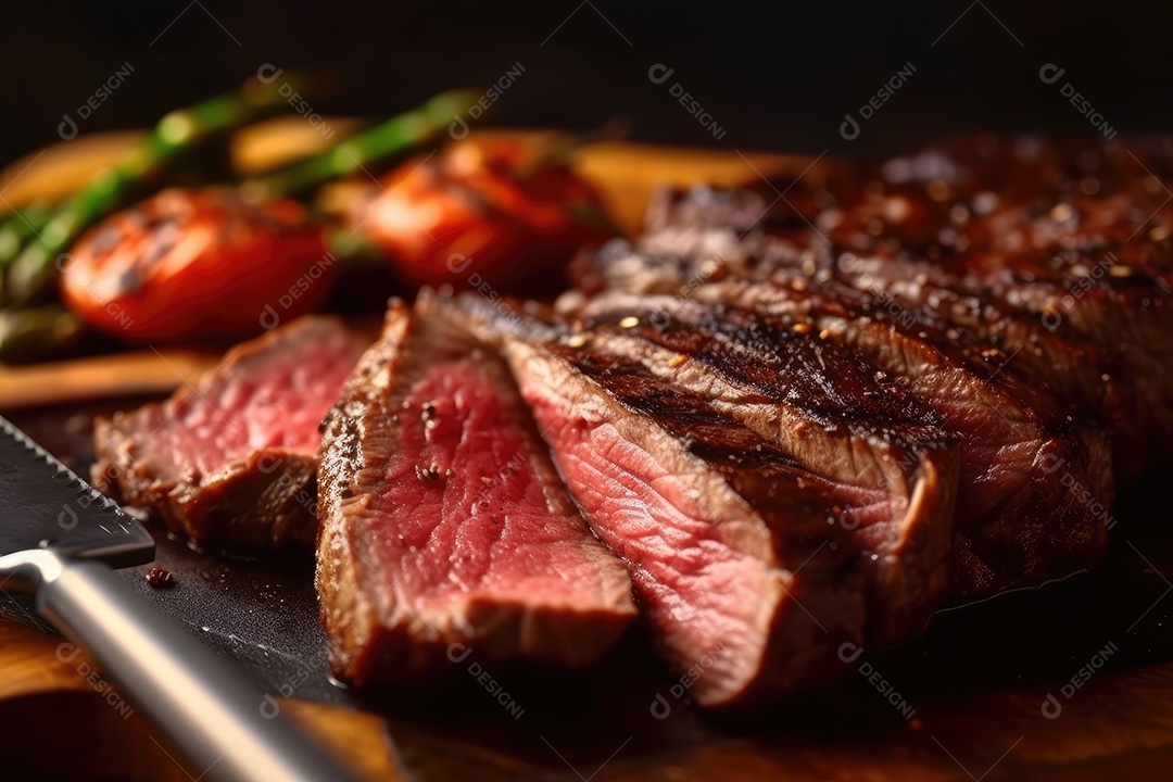 Suculento bife Angus ou bife do lombo grelhado na brasa, fatiado malpassado em tábua de madeira.