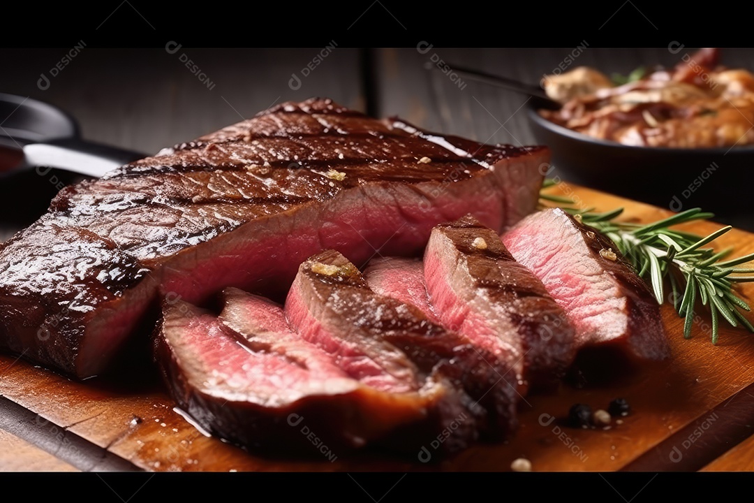 Suculento bife Angus ou bife do lombo grelhado na brasa, fatiado malpassado em tábua de madeira.