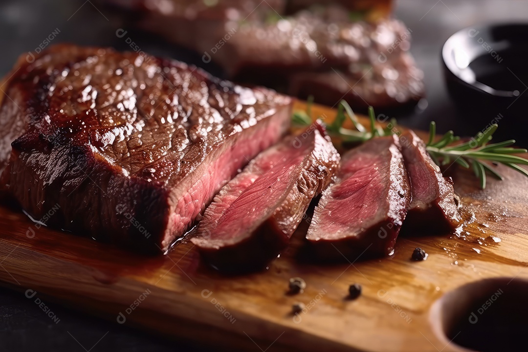 Suculento bife Angus ou bife do lombo grelhado na brasa, fatiado malpassado em tábua de madeira.