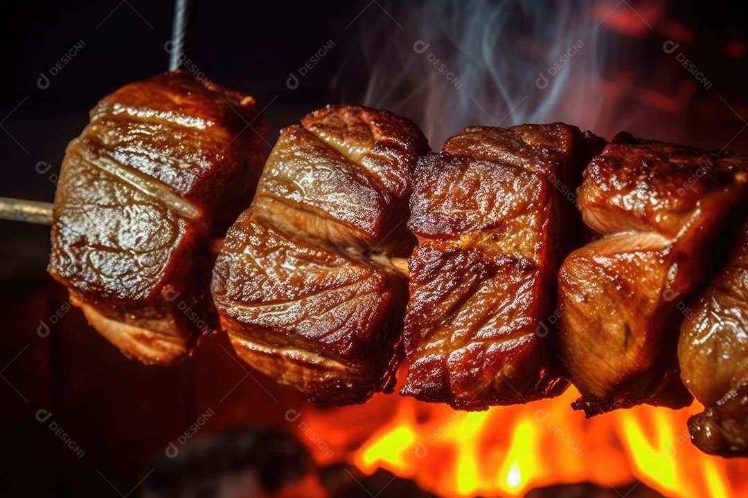 Suculento bife Angus ou bife do lombo grelhado na brasa, fatiado malpassado em tábua de madeira.