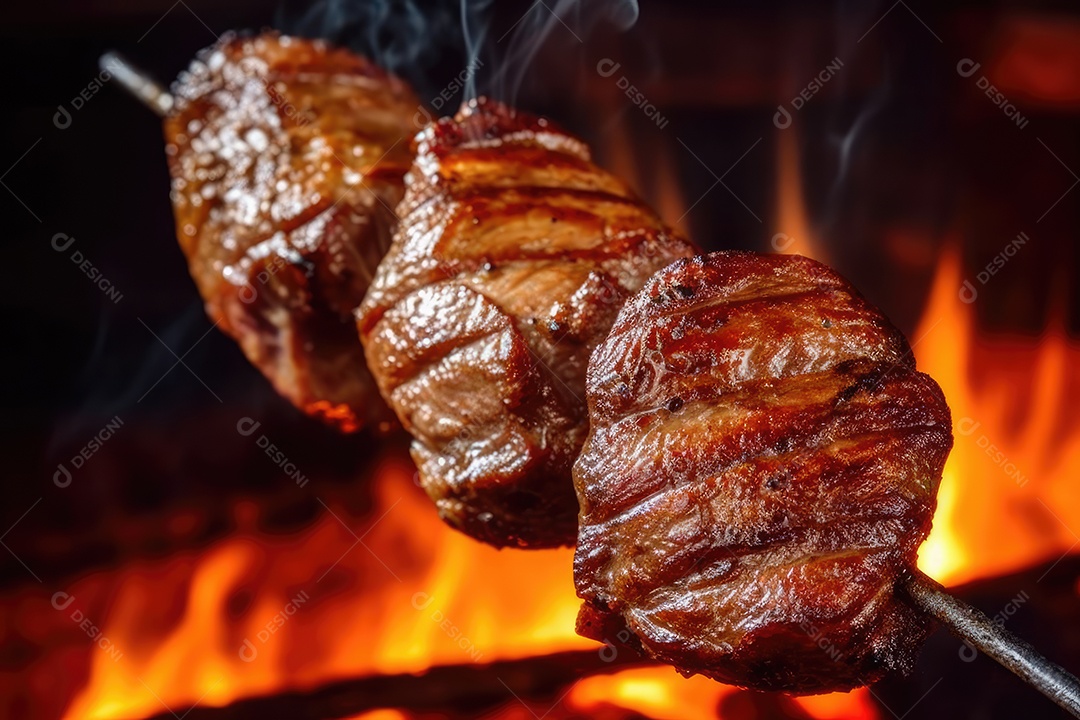 Suculento bife Angus ou bife do lombo grelhado na brasa, fatiado malpassado em tábua de madeira.