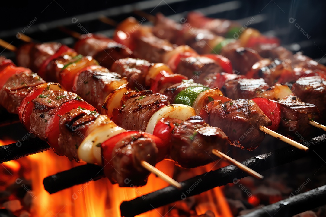 Bife de alcatra em pedaços no espeto na grelha, comida de churrasco.