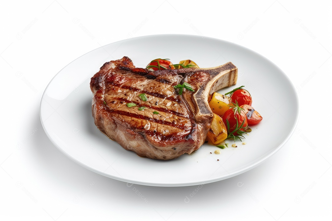 Delicioso e suculento T-Bone ou bife tomahawk em um prato branco, comida de festa de churrasco.