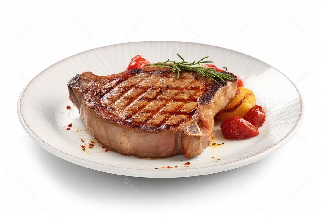 Delicioso e suculento T-Bone ou bife tomahawk em um prato branco, comida de festa de churrasco.