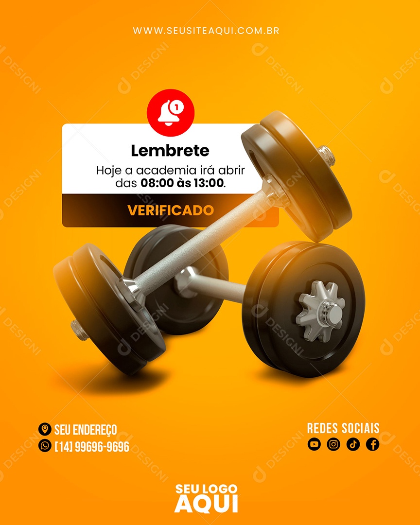 Lembrete Hoje a Academia Ira Abrir Social Media PSD Editável