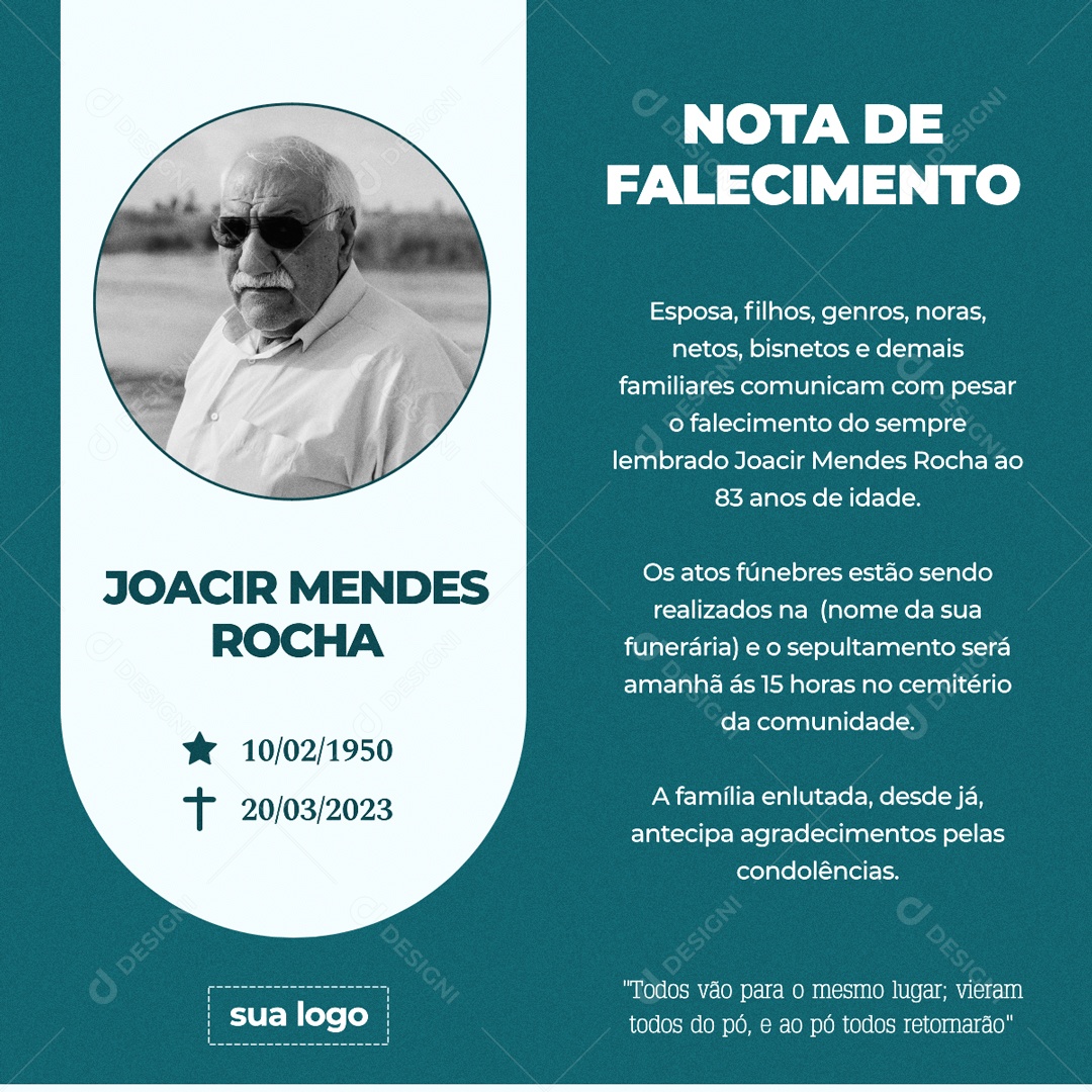 Nota De Falecimento Joacir Mendes Rocha Social Media PSD Editável