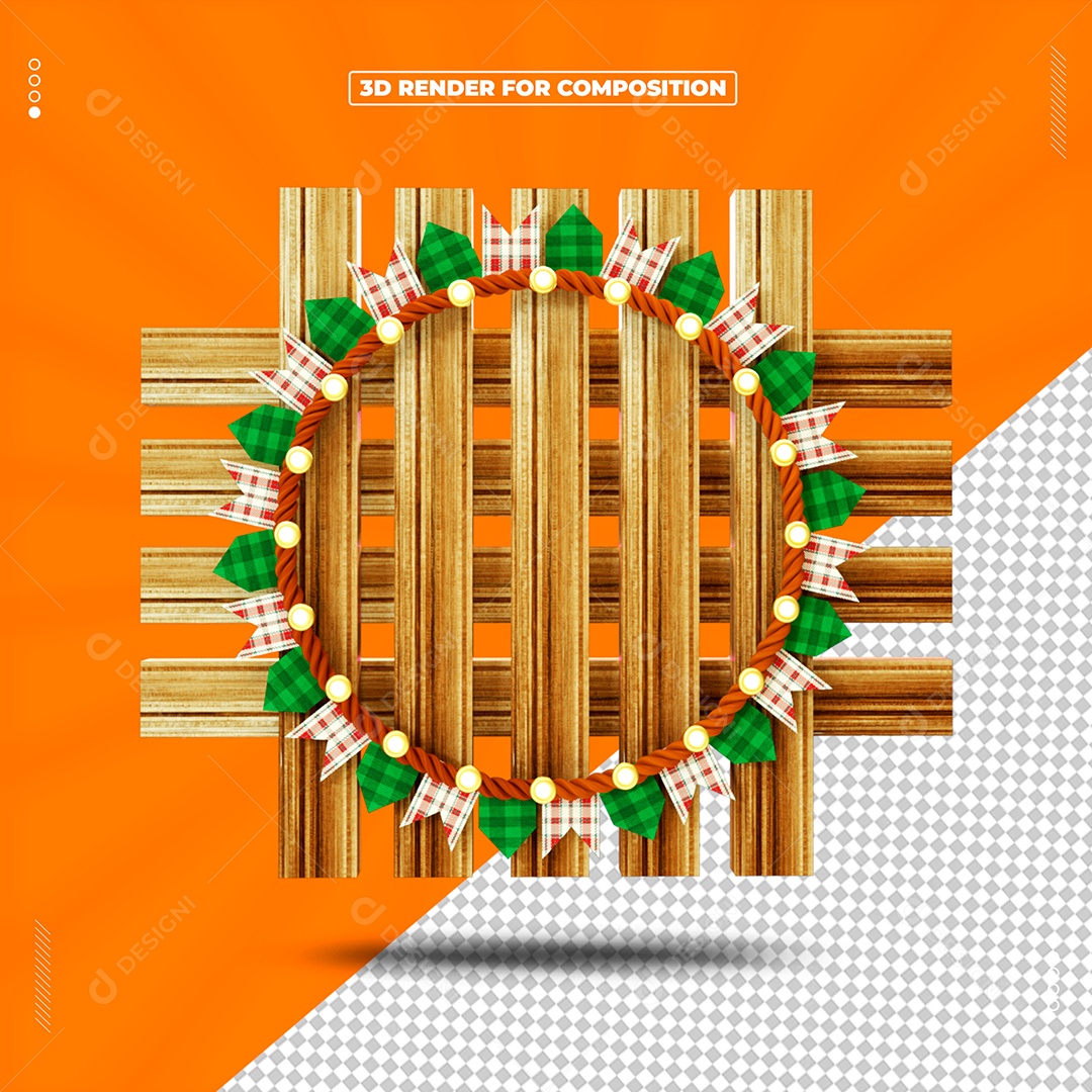 Elemento 3D Moldura de Madeira Festa Junina Para Composição PSD
