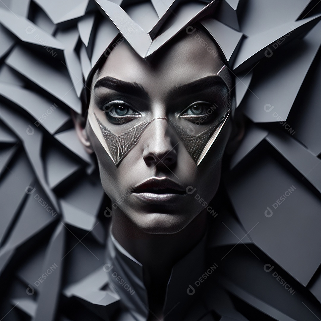 Imagem realista de mulher com formas geométrica.