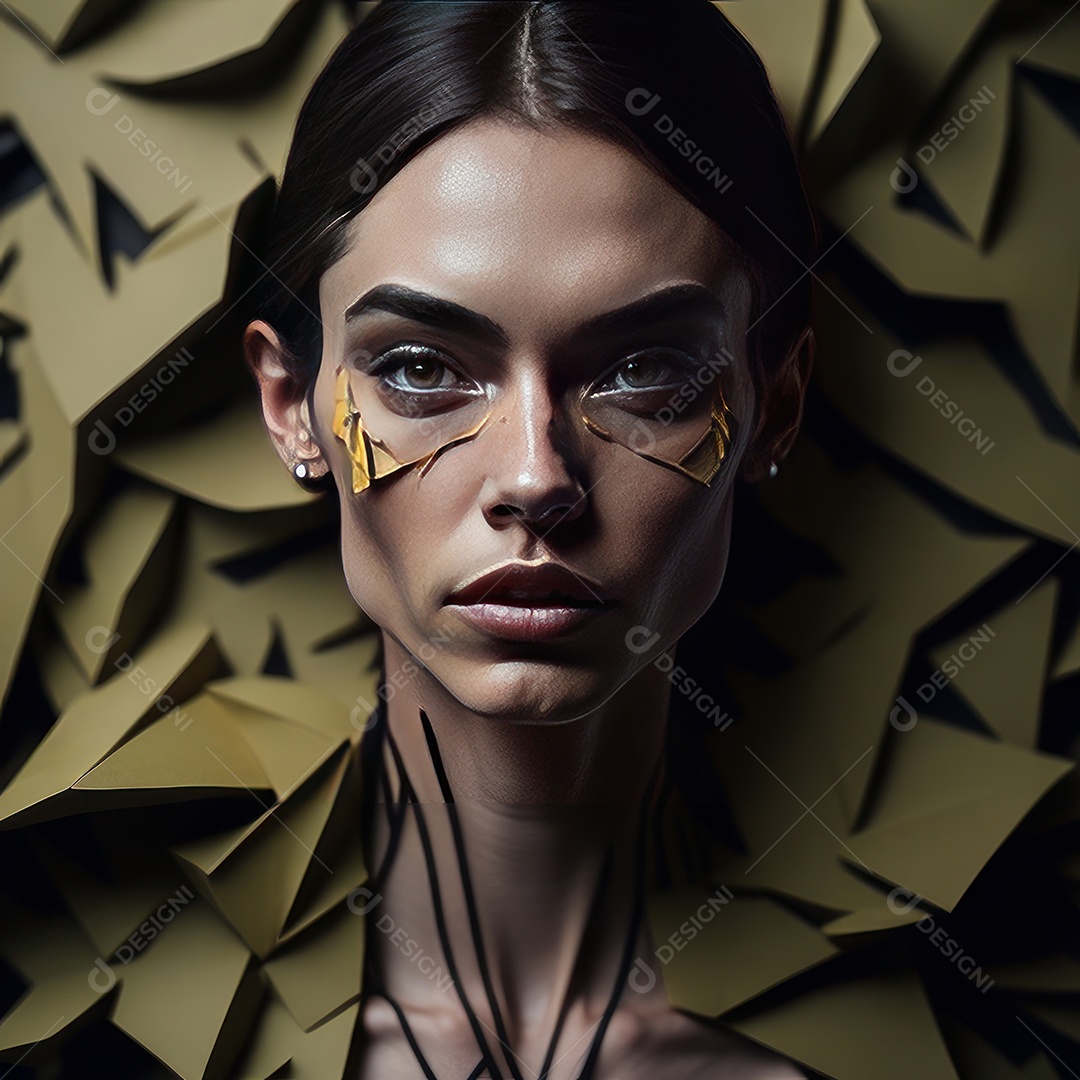 Imagem realista de mulher com formas geométrica.
