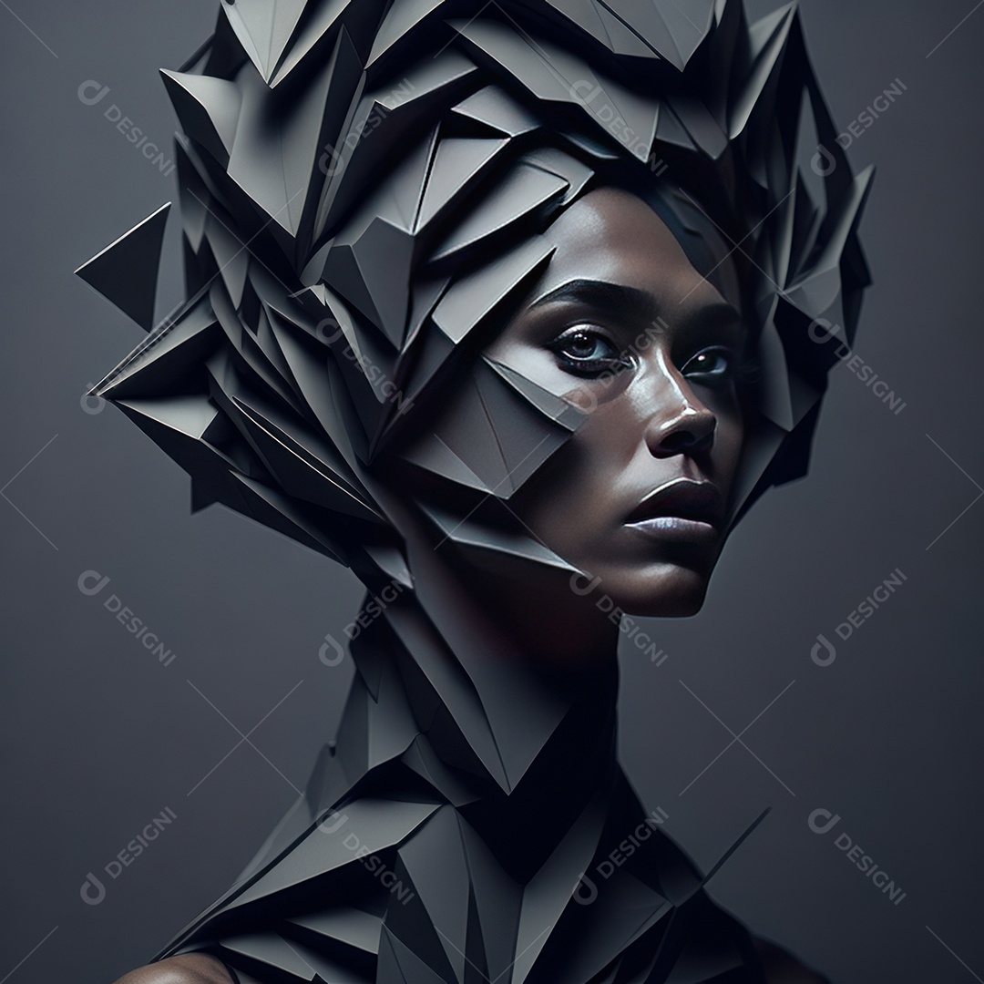 Imagem realista de mulher com formas geométrica.