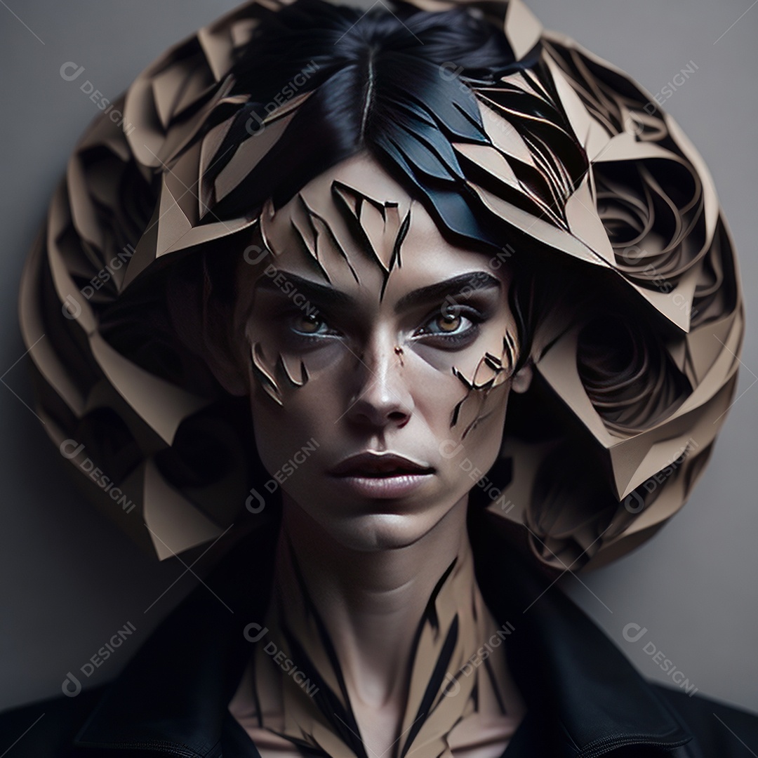 Imagem realista de mulher com formas geométrica.