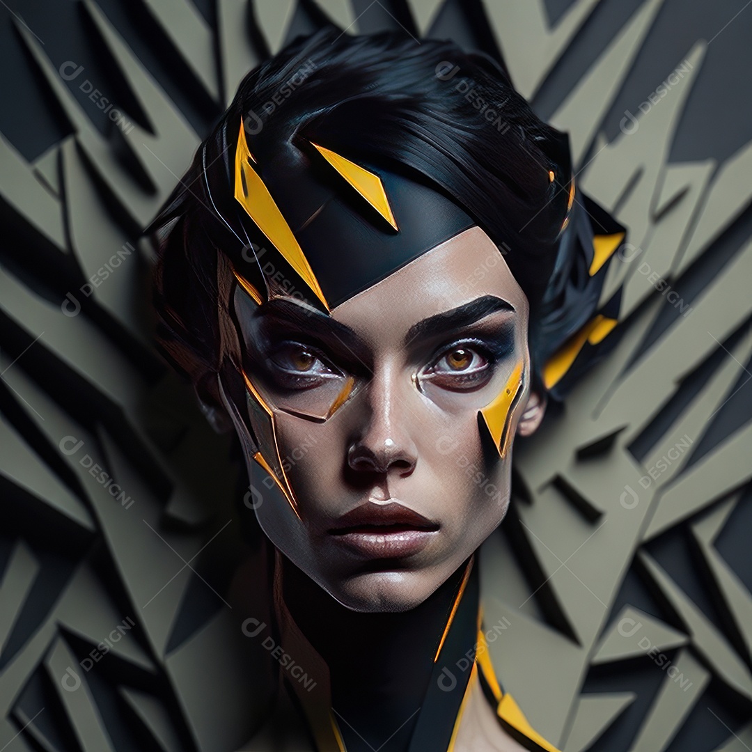Imagem realista de mulher com formas geométrica.