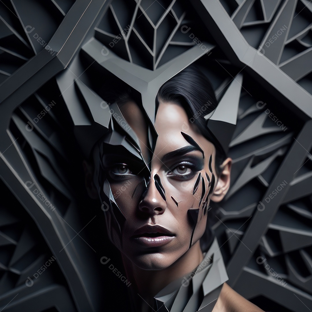 Imagem realista de mulher com formas geométrica.