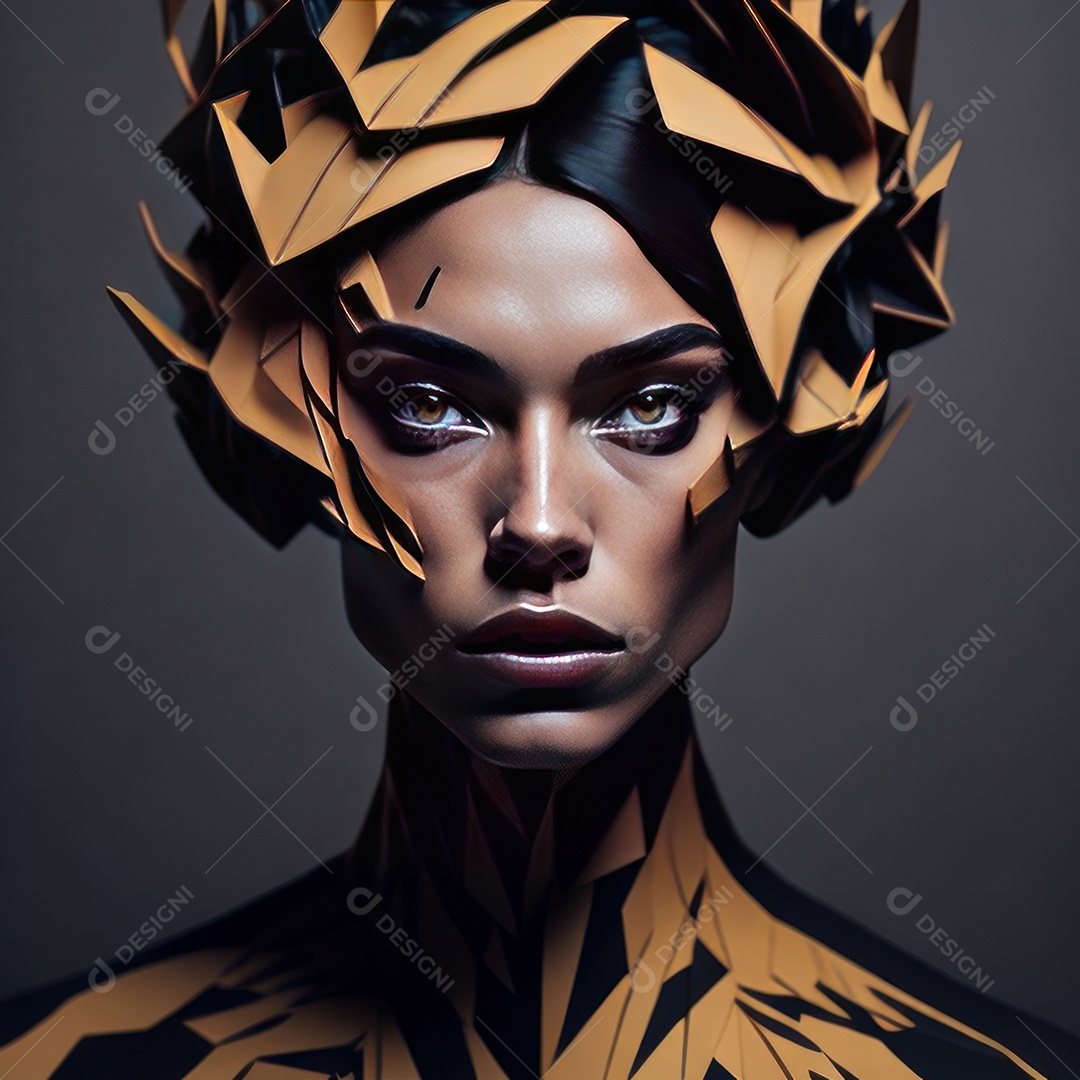 Imagem realista de mulher com formas geométrica.