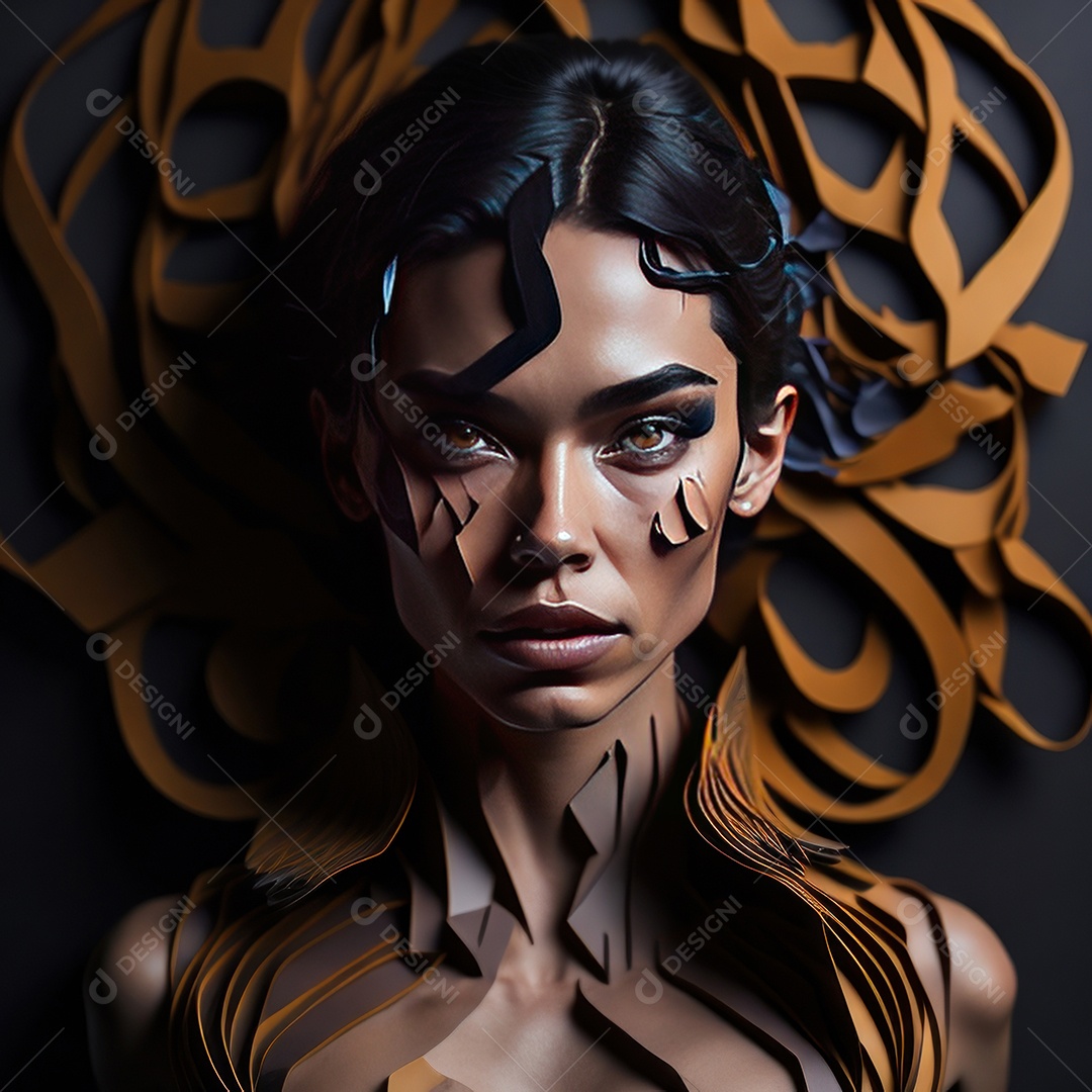 Imagem realista de mulher com formas geométrica.