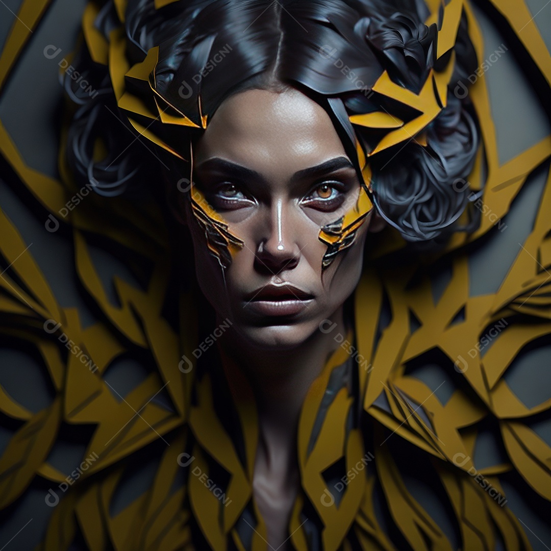 Imagem realista de mulher com formas geométrica.