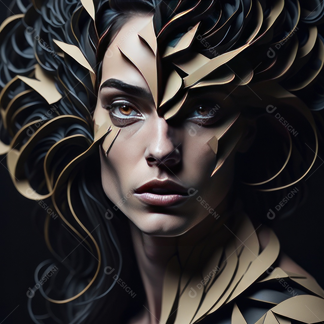 Imagem realista de mulher com formas geométrica.