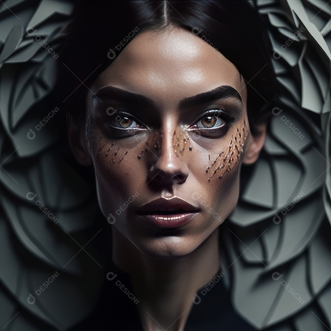 Imagem realista de mulher com formas geométrica.