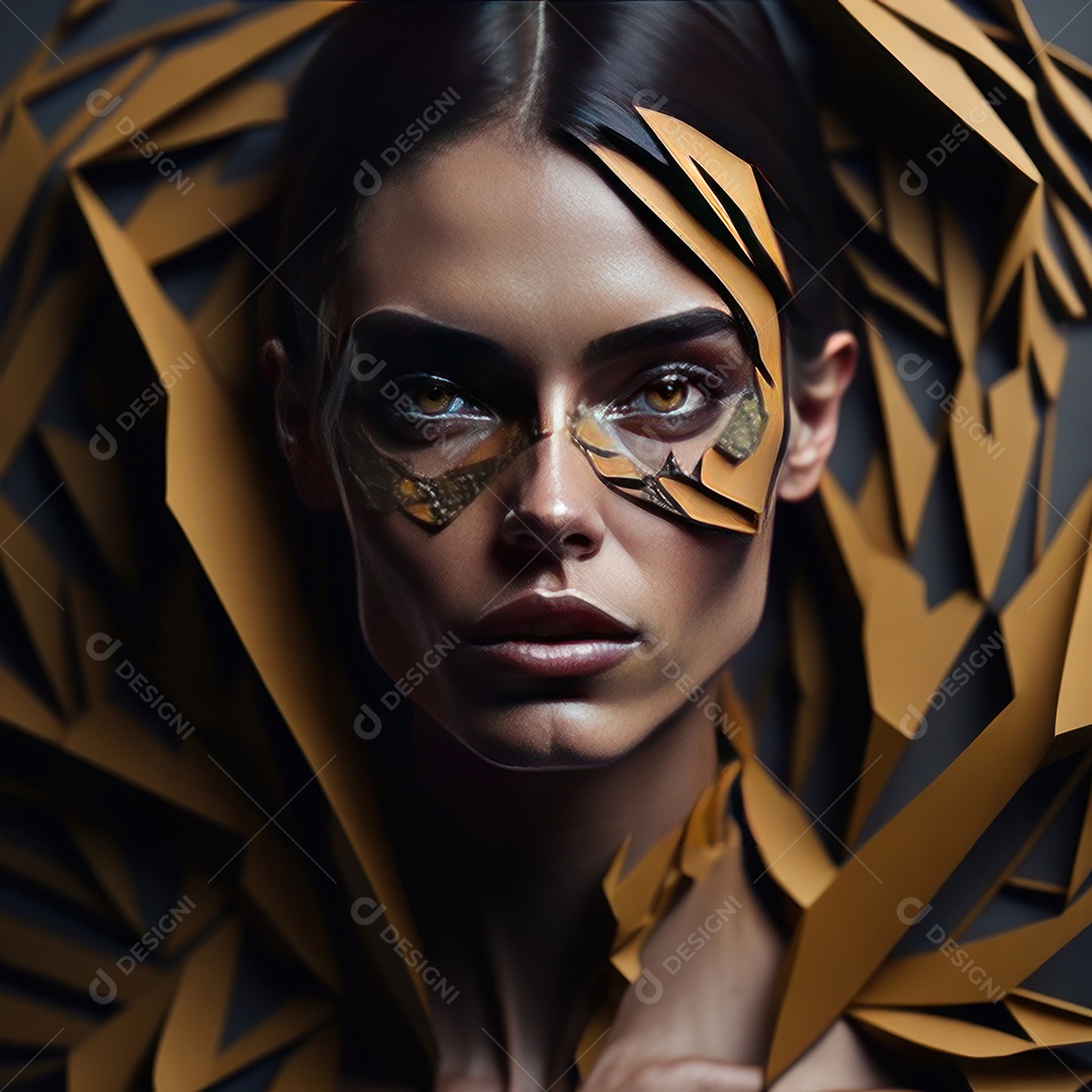 Imagem realista de mulher com formas geométrica.