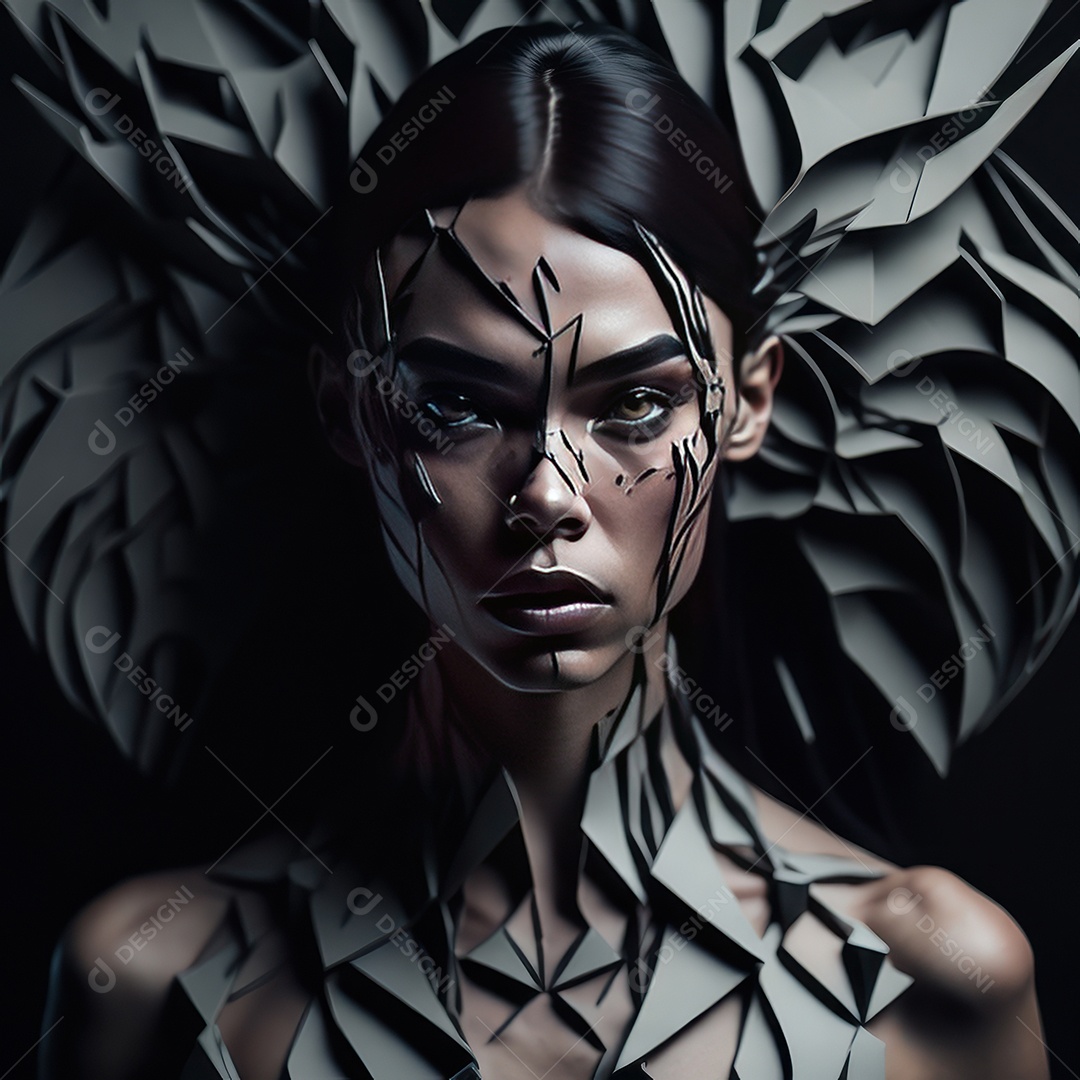 Imagem realista de mulher com formas geométrica.