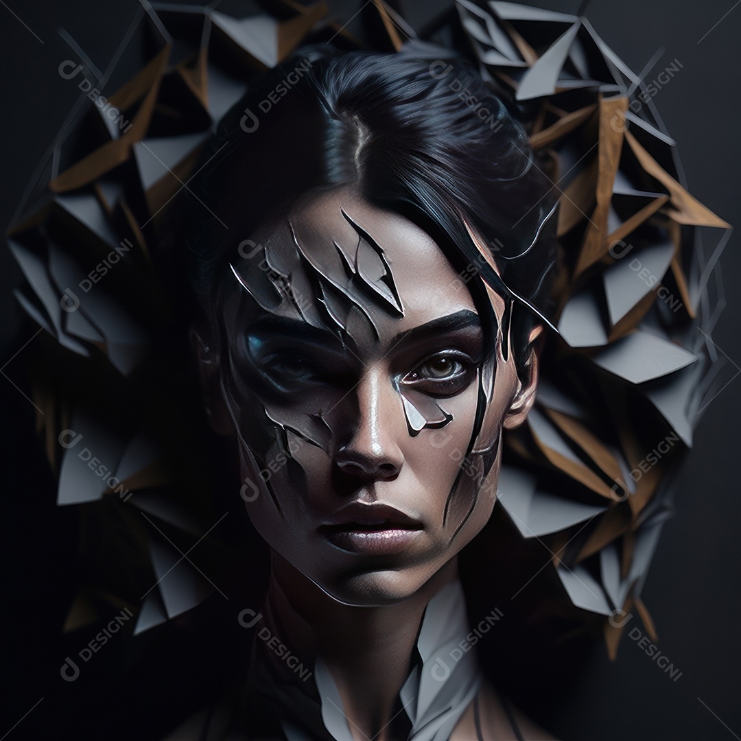 Imagem realista de mulher com formas geométrica.