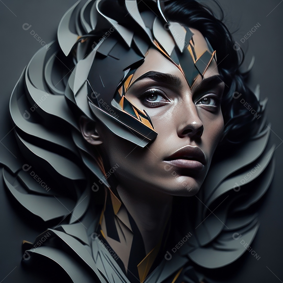 Imagem realista de mulher com formas geométrica.