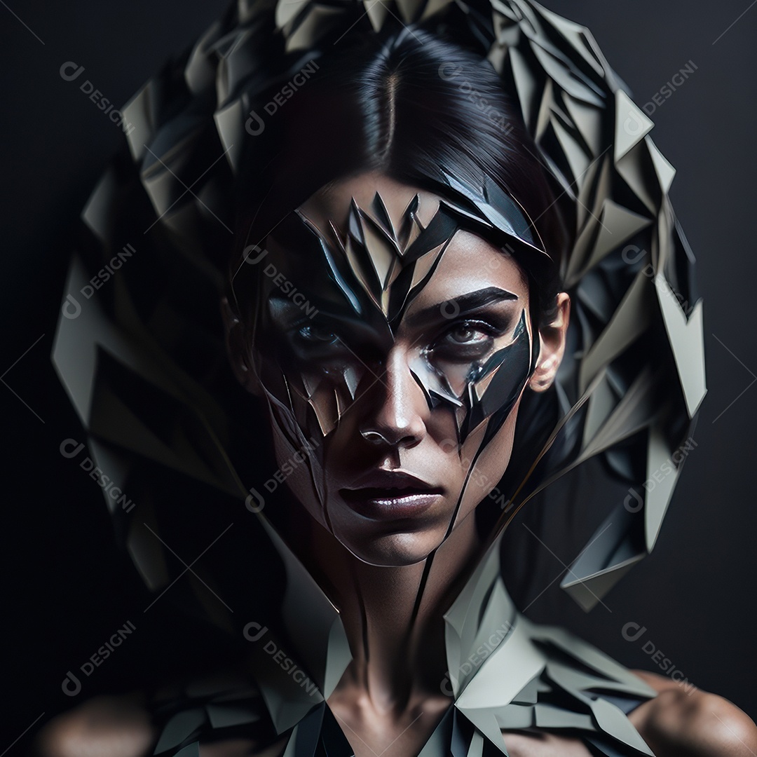 Imagem realista de mulher com formas geométrica.