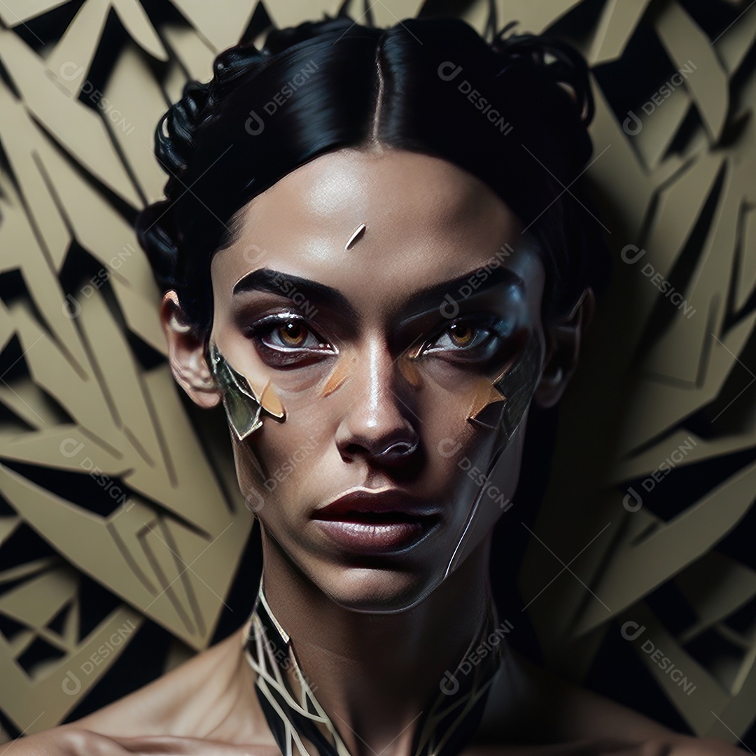Imagem realista de mulher com formas geométrica.