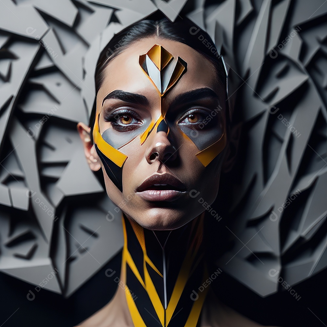 Imagem realista de mulher com formas geométrica.