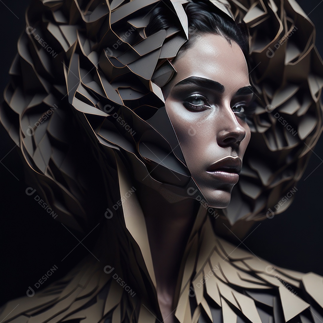Imagem realista de mulher com formas geométrica.