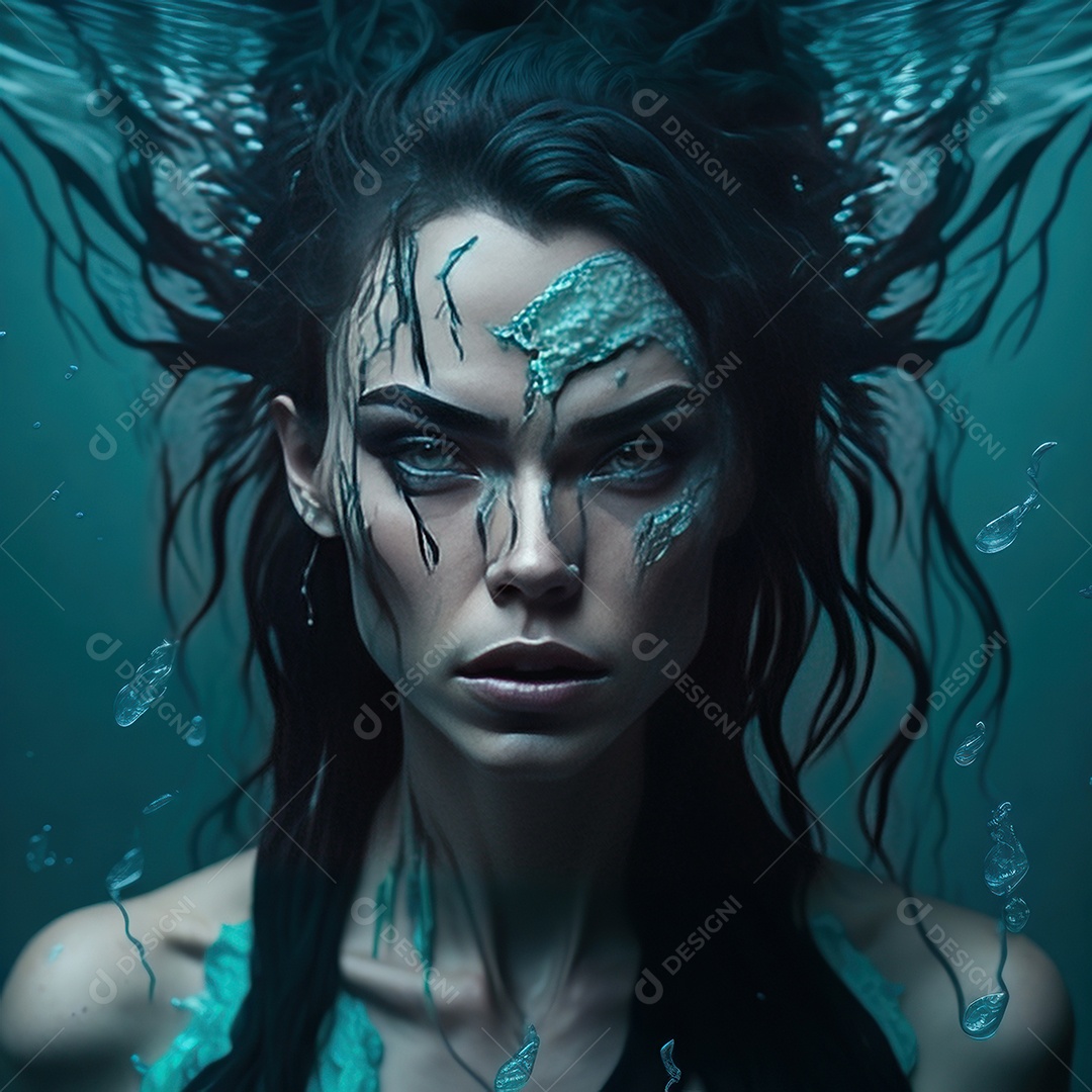 Imagem realista de mulher sobre alto mar.