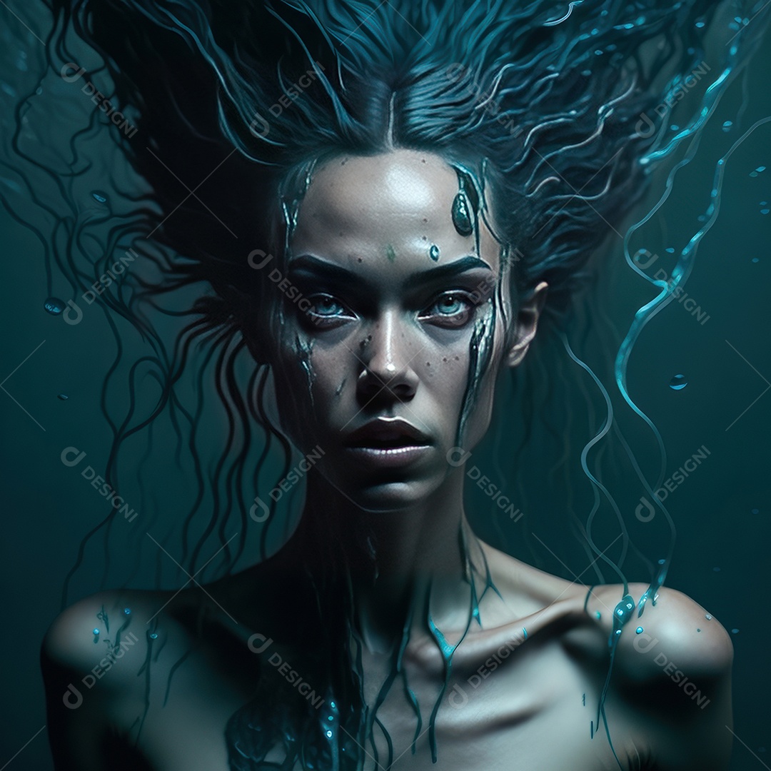 Imagem realista de mulher sobre alto mar.