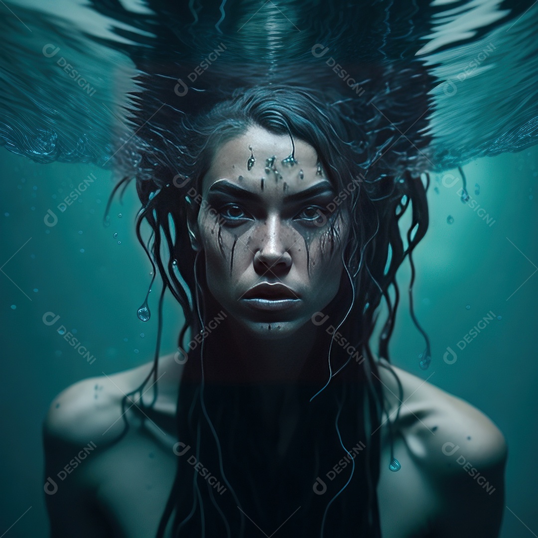 Imagem realista de mulher sobre alto mar.