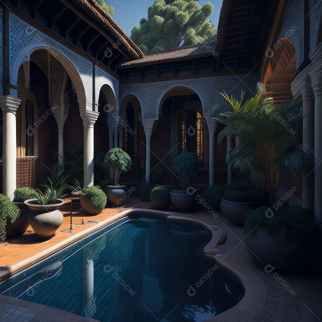 Um pátio com piscina e colunas com algumas plantas.