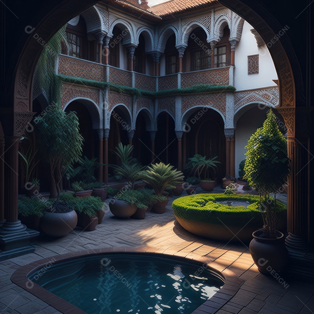 Um pátio com piscina e colunas com algumas plantas.