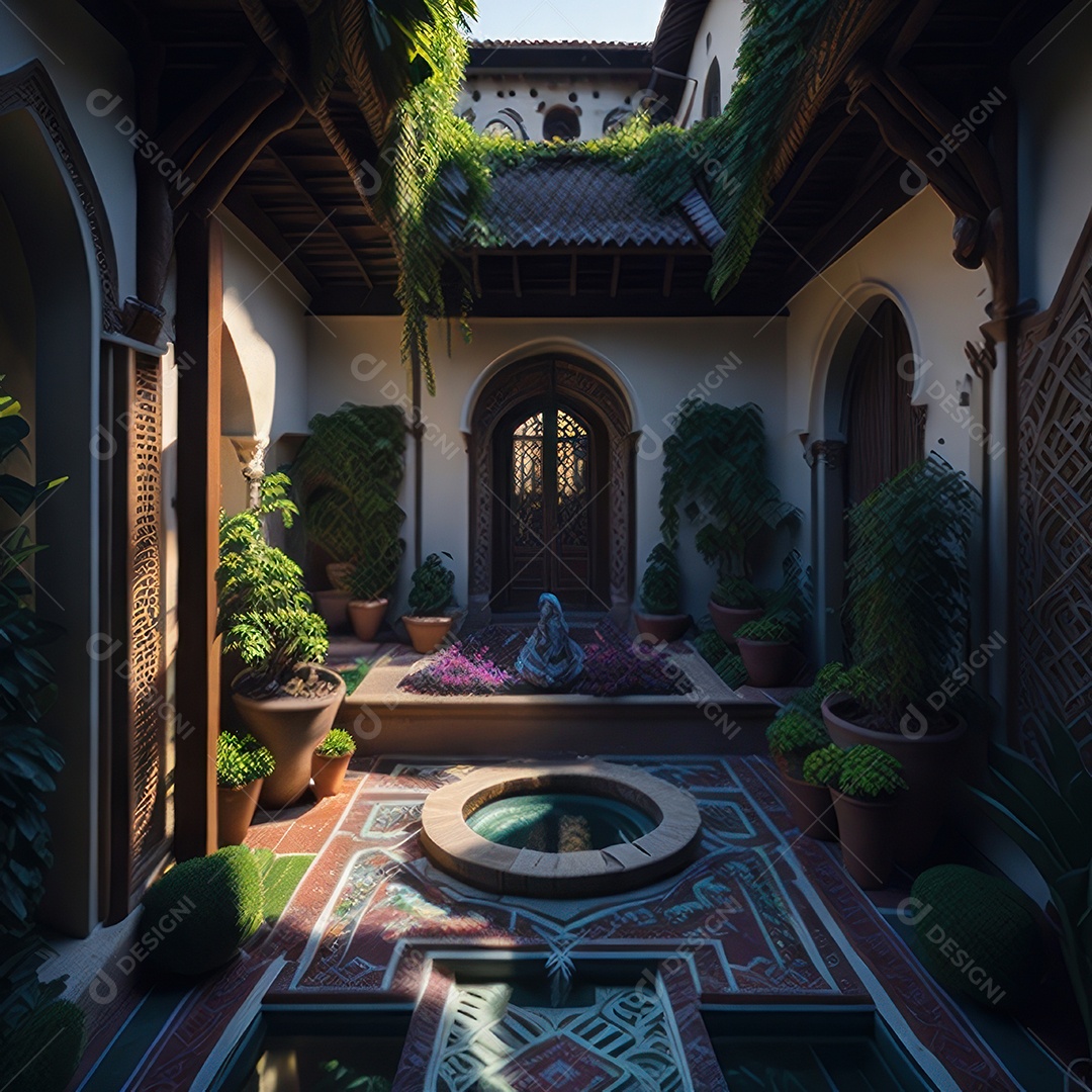 Um pátio com piscina e colunas com algumas plantas.