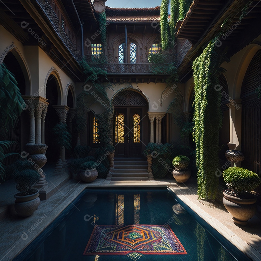 Um pátio com piscina e colunas com algumas plantas.