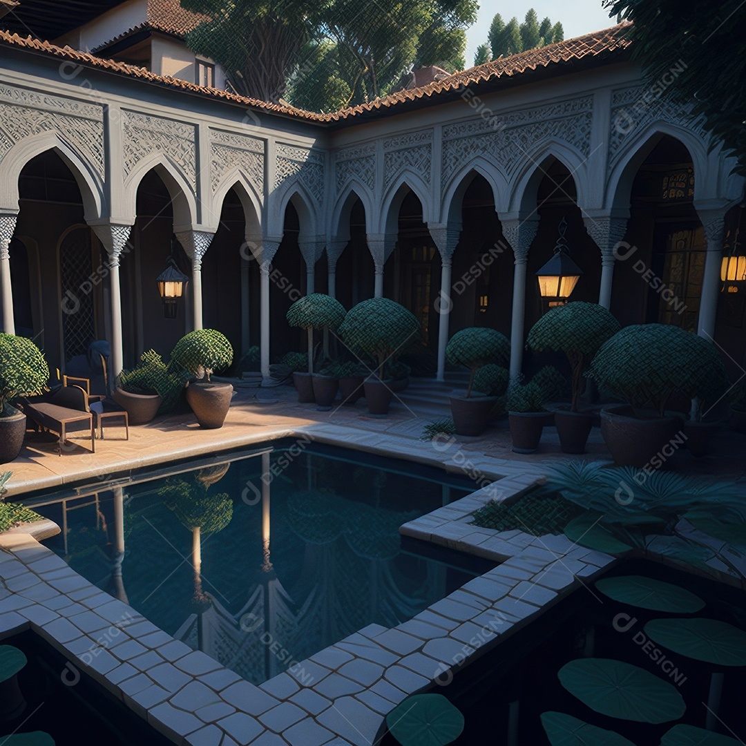 Um pátio com piscina e colunas com algumas plantas.